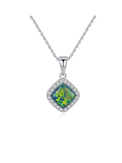 925 Sterling Silver Square Opal Pendant Necklace – Halo CZ Design in Green, White, or Blue Opal for Everyday Sparkle