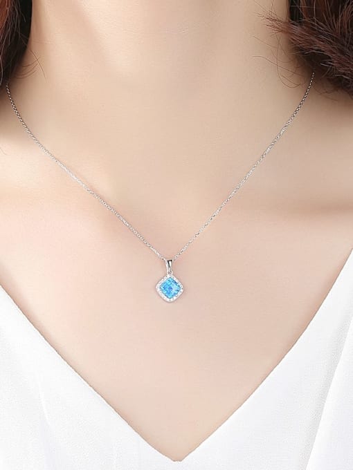 925 Sterling Silver Square Opal Pendant Necklace – Halo CZ Design in Green, White, or Blue Opal for Everyday Sparkle