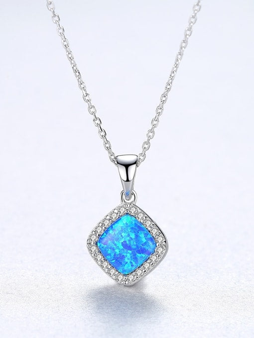 925 Sterling Silver Square Opal Pendant Necklace – Halo CZ Design in Green, White, or Blue Opal for Everyday Sparkle