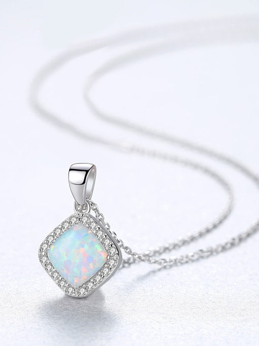 925 Sterling Silver Square Opal Pendant Necklace – Halo CZ Design in Green, White, or Blue Opal for Everyday Sparkle