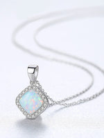 925 Sterling Silver Square Opal Pendant Necklace – Halo CZ Design in Green, White, or Blue Opal for Everyday Sparkle