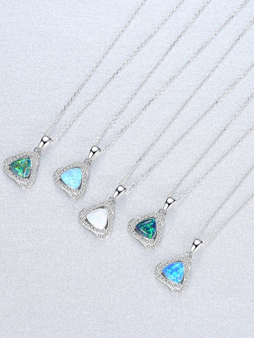 925 Sterling Silver Triangle Opal Halo CZ Pendant Necklace – Blue, Light Blue, White, Dark Green, Light Green