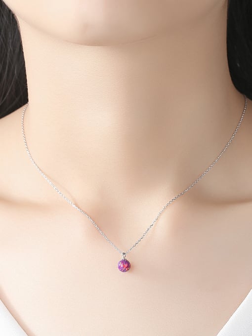 925 Sterling Silver Opal Ball Necklace – Dainty Round Fire Opal Pendant in Light Blue, Green, or Red