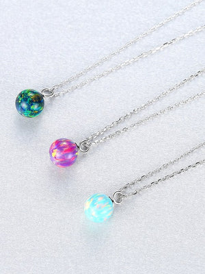 925 Sterling Silver Opal Ball Necklace – Dainty Round Fire Opal Pendant in Light Blue, Green, or Red