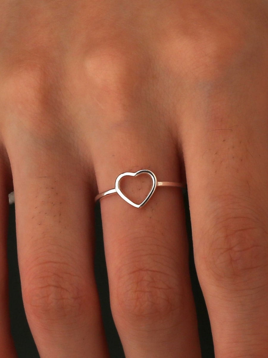 925 Sterling Silver Hollow Heart Band Ring – Minimalist Dainty Open Heart Stacking Ring for Women Girls