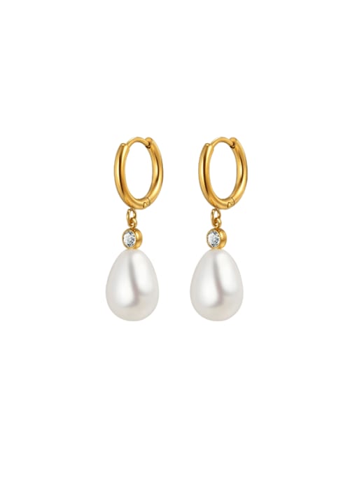Gold Stainless Steel Pearl Drop Earrings – Huggie Hoop Design with Freshwater Pearl, Elegant & Hypoallergenic