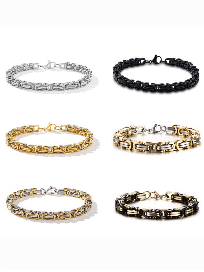Titanium Steel Byzantine Chain Bracelet – Classic Link Design in Polished Silver or Matte Black Finish