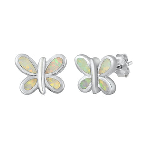 White Opal Bezel Butterfly Sterling Silver Stud Earrings