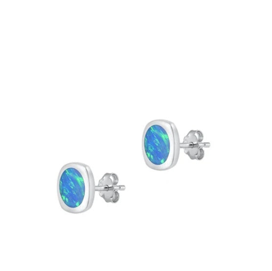 Blue Round Opal Cushion Stud Earrings – 925 Sterling Silver Square Earrings for Women, Minimalist Birthstone Jewelry