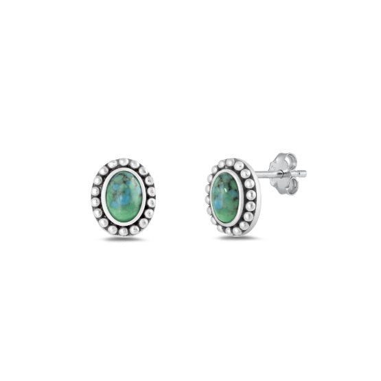 Green Oval Turquoise Oxidized Sterling Silver Stud Earrings – Genuine Stone Vintage Boho Jewelry for Women