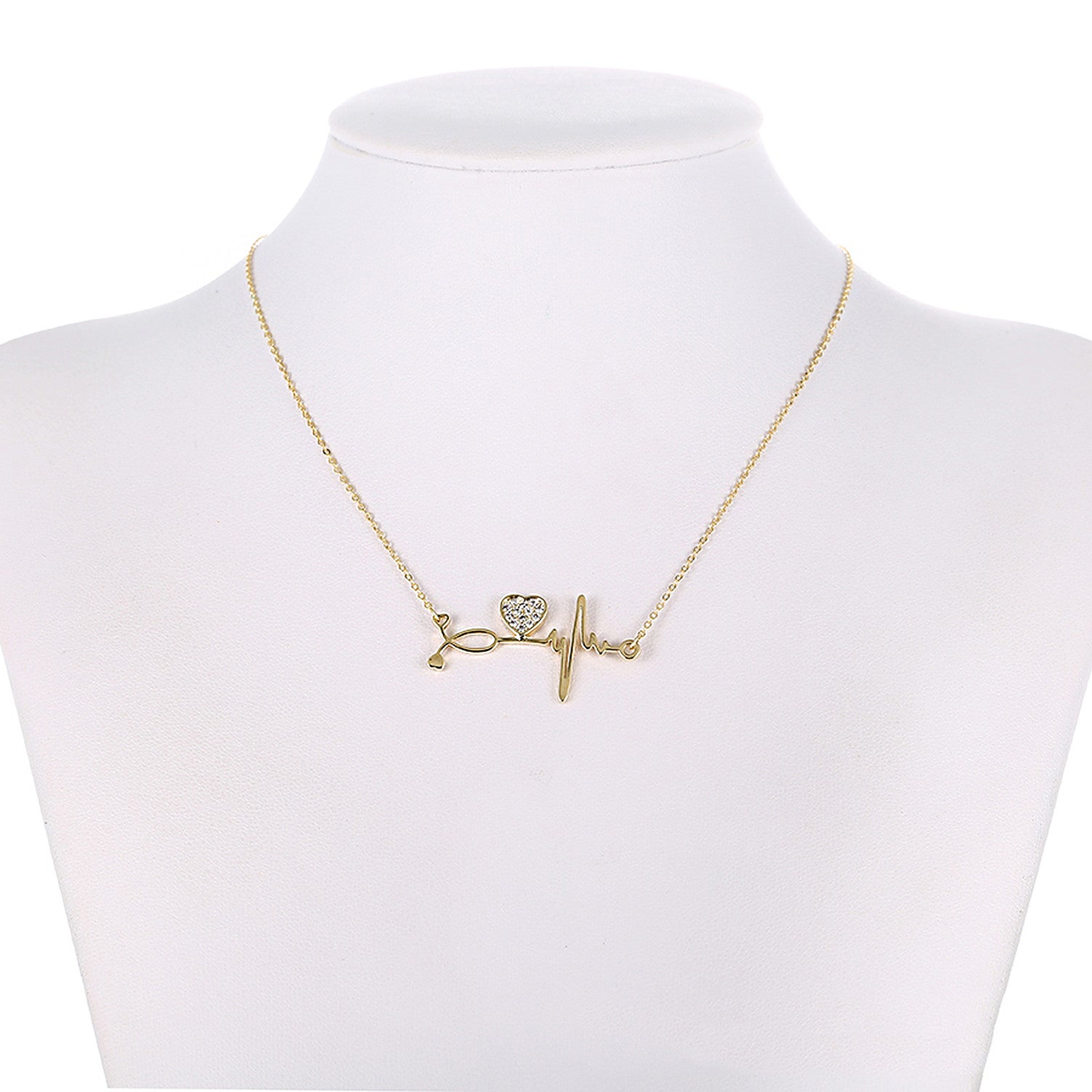 Pave CZ Heart And Heartbeat Necklace Rose Gold Yellow Gold Rhodium