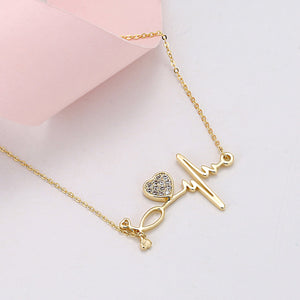 Pave CZ Heart And Heartbeat Necklace Rose Gold Yellow Gold Rhodium
