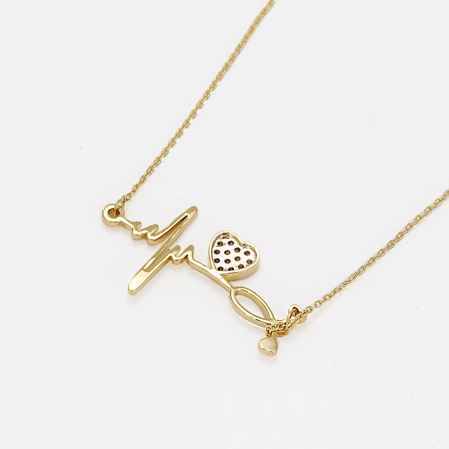 Pave CZ Heart And Heartbeat Necklace Rose Gold Yellow Gold Rhodium