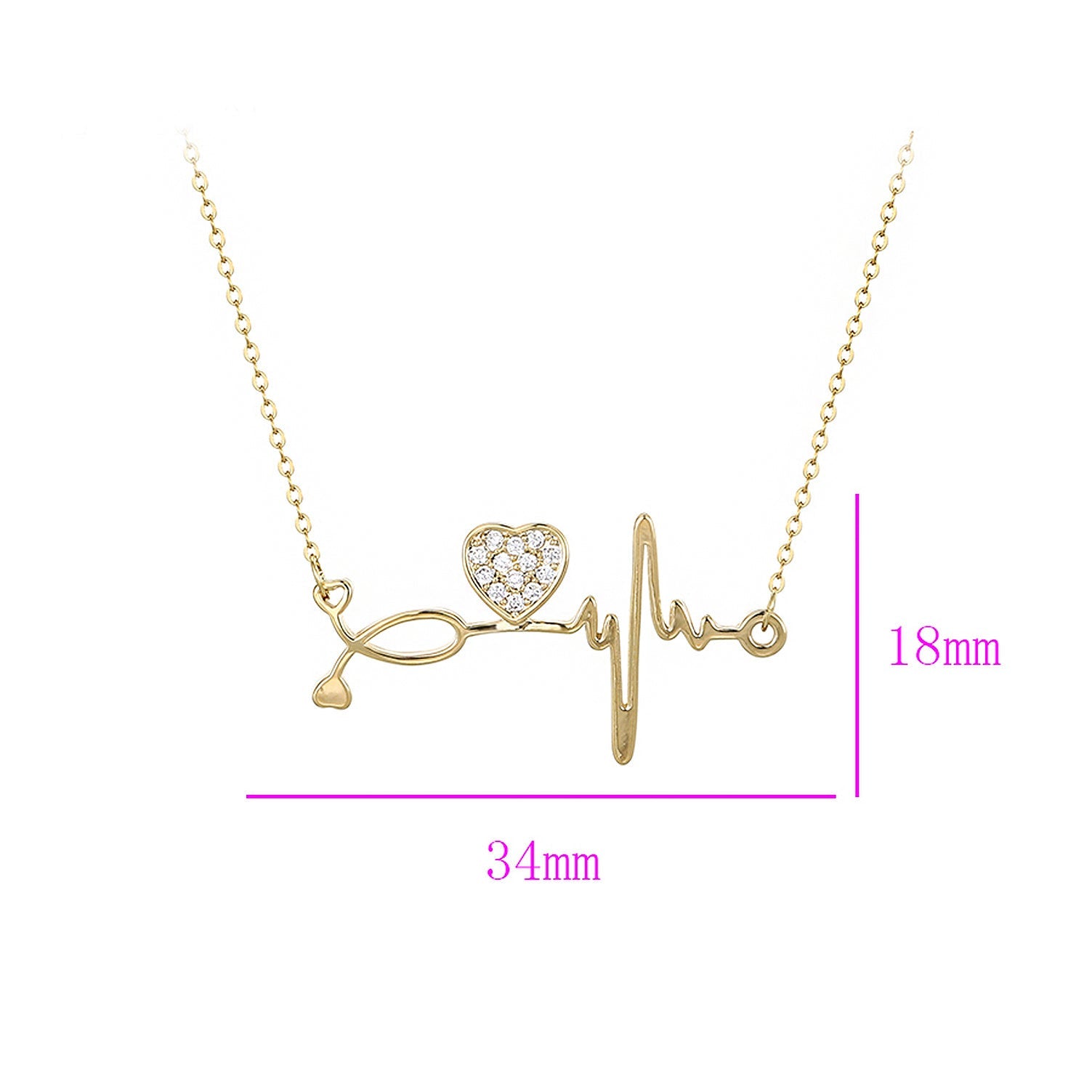 Pave CZ Heart And Heartbeat Necklace Rose Gold Yellow Gold Rhodium