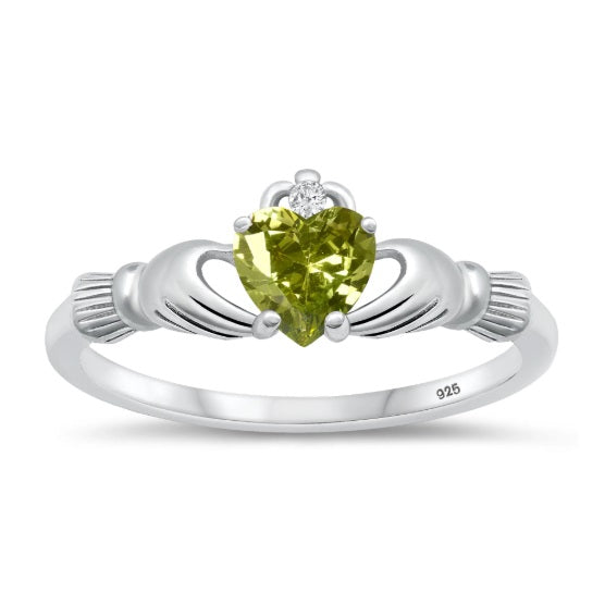 Peridot Heart CZ Claddagh Sterling Silver Ring – Irish Friendship Symbol with Green Heart Cubic Zirconia