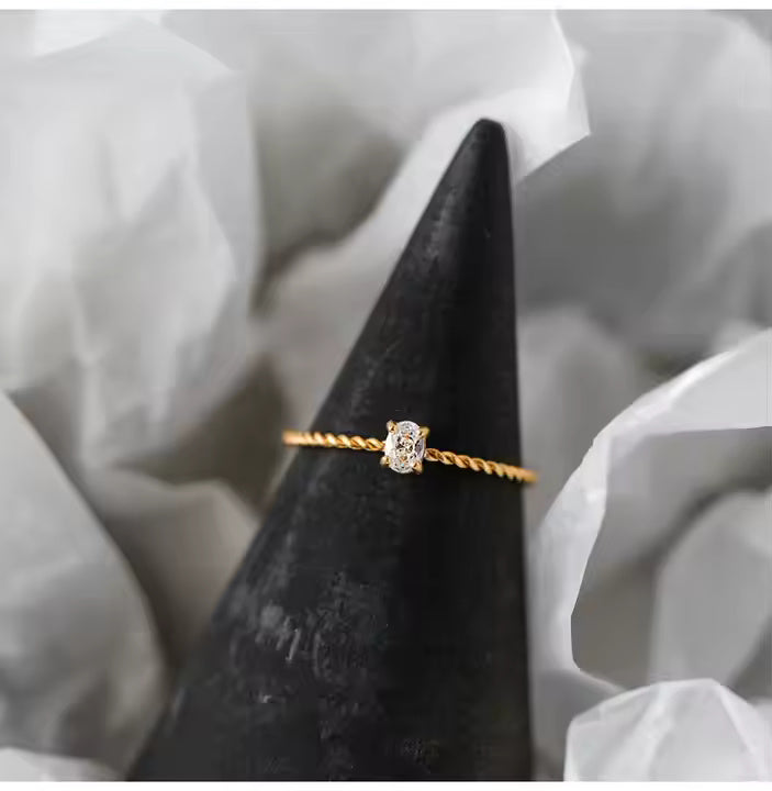 Solitaire Oval CZ Engagement Ring for Women, Thin Rope Chain Band, 18K Gold Plated Stainless Steel Wedding Ring