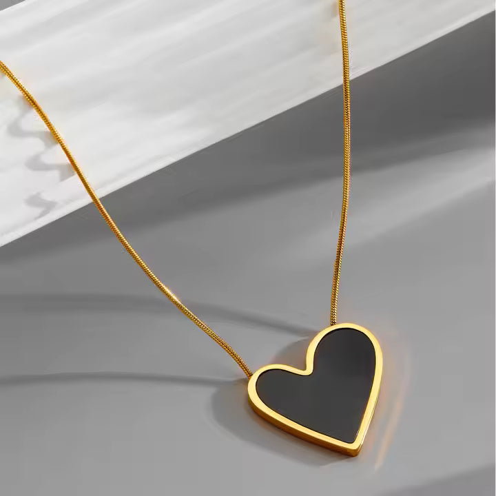 Black Mother of Pearl Heart Necklace, Stainless Steel, 18K Gold Plated, Dainty Minimalist Jewelry for Women