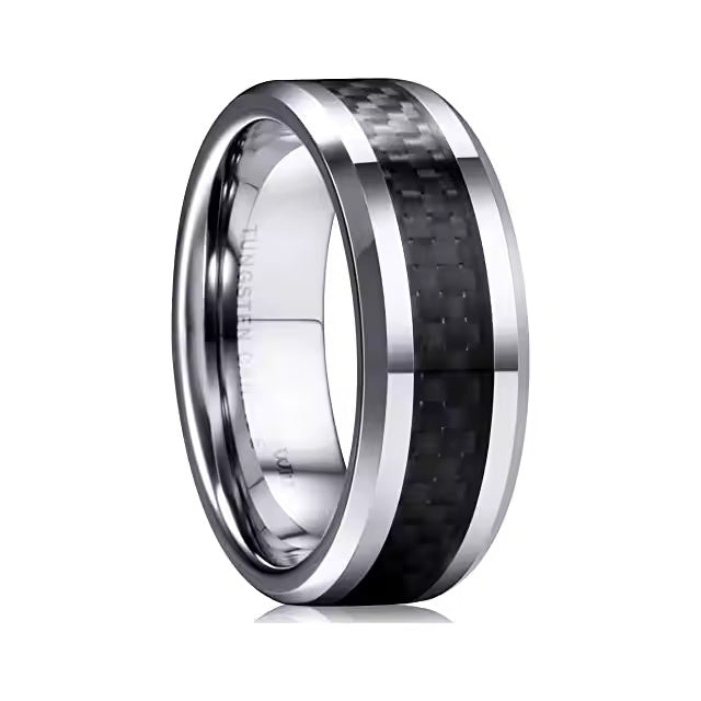 8mm Tungsten Carbide Ring for Men with Black Carbon Fiber Inlay – Available in Blue or Silver Finish – Wedding Band