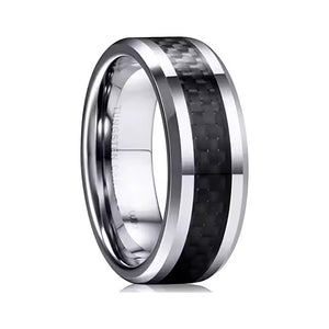 8mm Tungsten Carbide Ring for Men with Black Carbon Fiber Inlay – Available in Blue or Silver Finish – Wedding Band