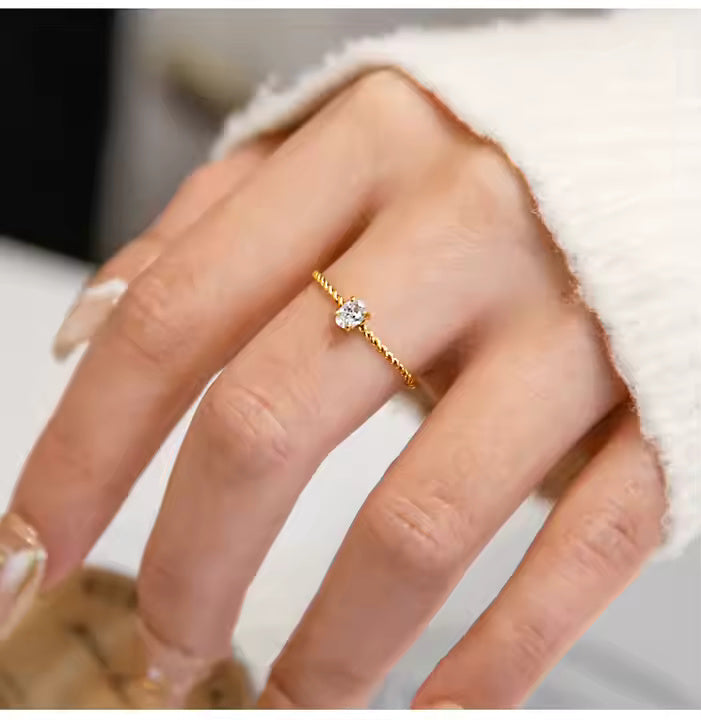 Solitaire Oval CZ Engagement Ring for Women, Thin Rope Chain Band, 18K Gold Plated Stainless Steel Wedding Ring