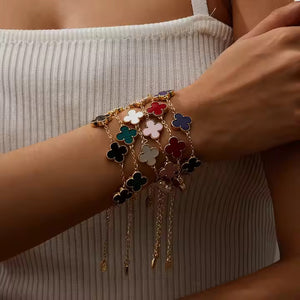 Gold Stainless Steel Clover Bracelet – Pink, White & Black Crystal Inlay – Dainty 4-Leaf Design for Layered Looks