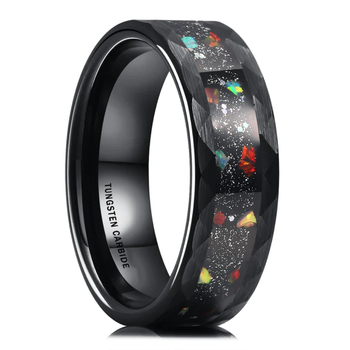 8mm Tungsten Carbide Ring with Galaxy Opal Meteorite Inlay – Hammered Finish Wedding Band for Men – Black or Silver Color