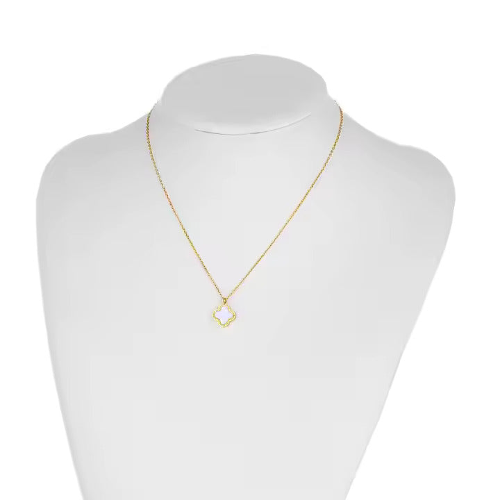 Gold Stainless Steel Clover Necklace – White, Pink & Black Crystal Charm – Dainty Pendant for Layered Looks