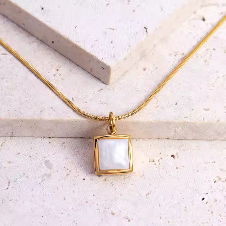 Gold Stainless Steel Necklace with Cushion Mother of Pearl Pendant, Twisted Chain, Elegant Minimalist Jewelry