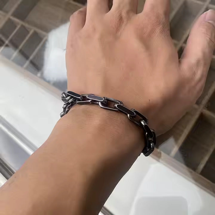 Men’s Vintage Chain Bracelet – Wide Stainless Steel Biker Link Bracelet with Antique Finish, Bold Statement Style