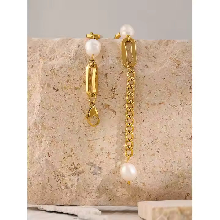 18K Gold Plated Stainless Steel Freshwater Pearl Bracelet – Chunky Gold Link Chain Minimalist Jewelry for Women