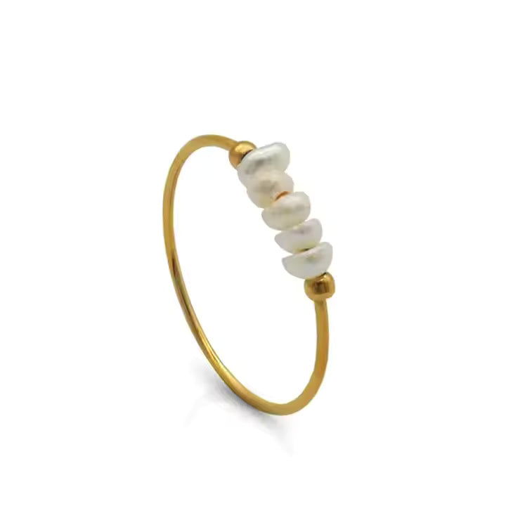 Thin Freshwater Pearl Stackable Ring for Women, Stainless Steel Band in Gold or Silver, Minimalist Design
