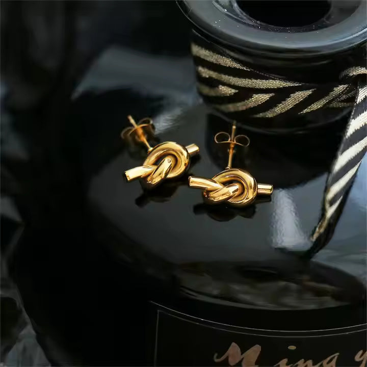 Twisted Rope Knot Stud Earrings – Stainless Steel Minimalist Design in Gold or Silver for Classic Everyday Style