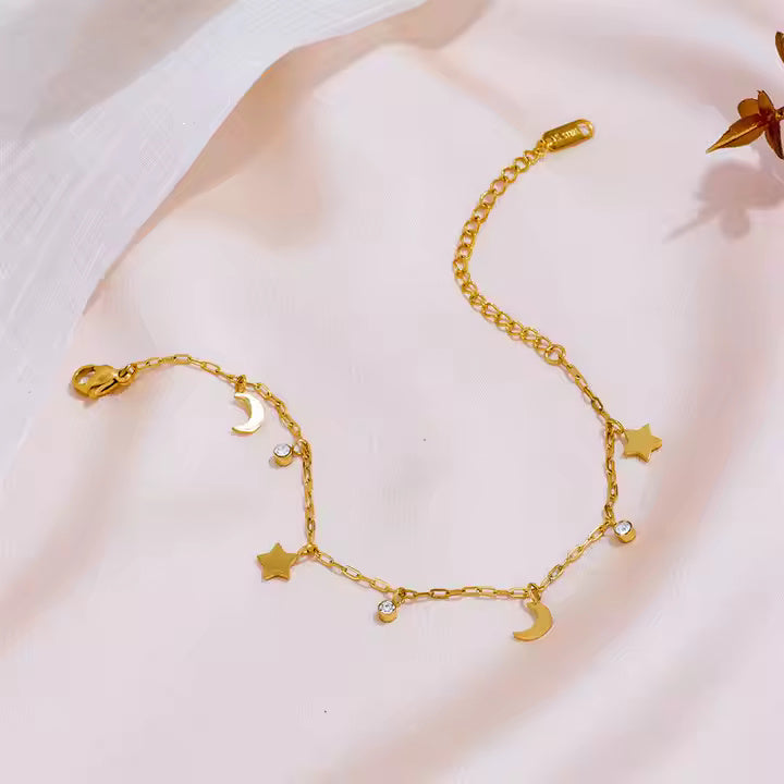 Stainless Steel Multi-Charm Dangle Anklet or Bracelet – Star, Heart, CZ Accents – Gold, Silver & Rose Gold Ankle Jewelry