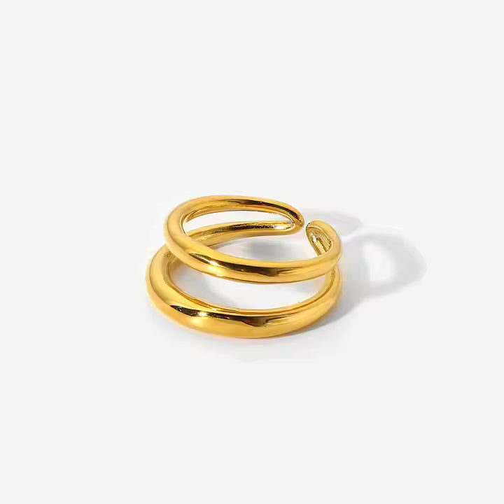 Adjustable Double Layer Open Ring – 18K Gold Plated Stainless Steel, Minimalist Bold Design, Everyday Statement Band