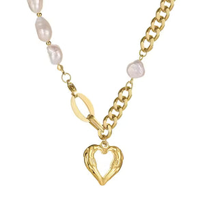Gold Plated Stainless Steel Linked Pearl Chain Necklace with Heart Pendant – Boho Style Statement Jewelry for Women