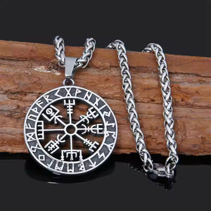 Men’s Viking Vegvisir Pendant Necklace – Stainless Steel Norse Compass in Runic Circle, Antique Silver Finish