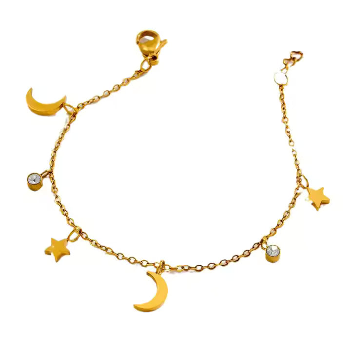 Stainless Steel Multi-Charm Dangle Anklet or Bracelet – Star, Heart, CZ Accents – Gold, Silver & Rose Gold Ankle Jewelry