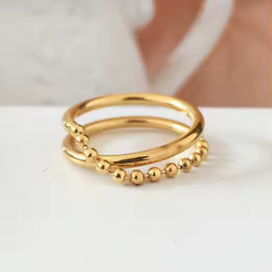 Double Layer Beaded Chain Ring – 18K Gold Plated Stainless Steel Statement Band with Minimalist Stacked Design