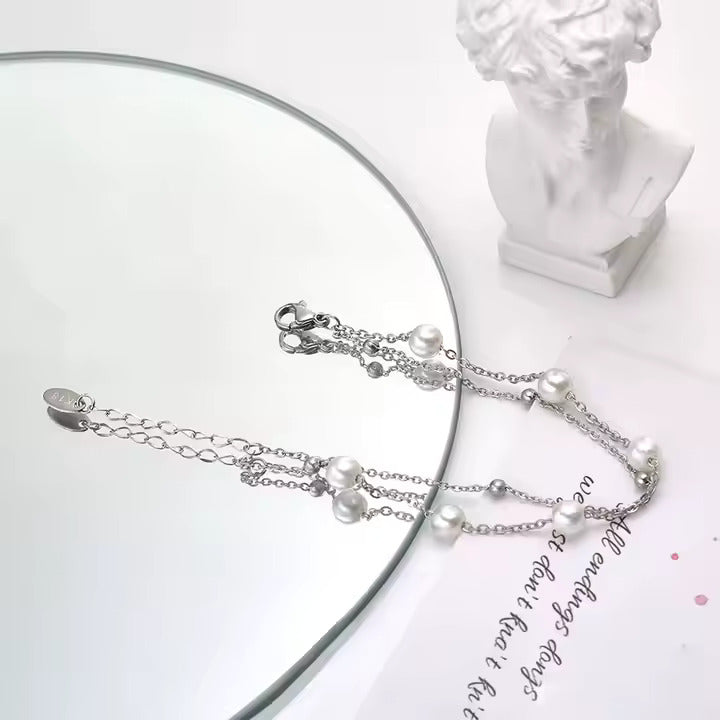 Dainty Pearl Beaded Chain Bracelet, Double Layer Stainless Steel in Gold or Silver, Adjustable Fit