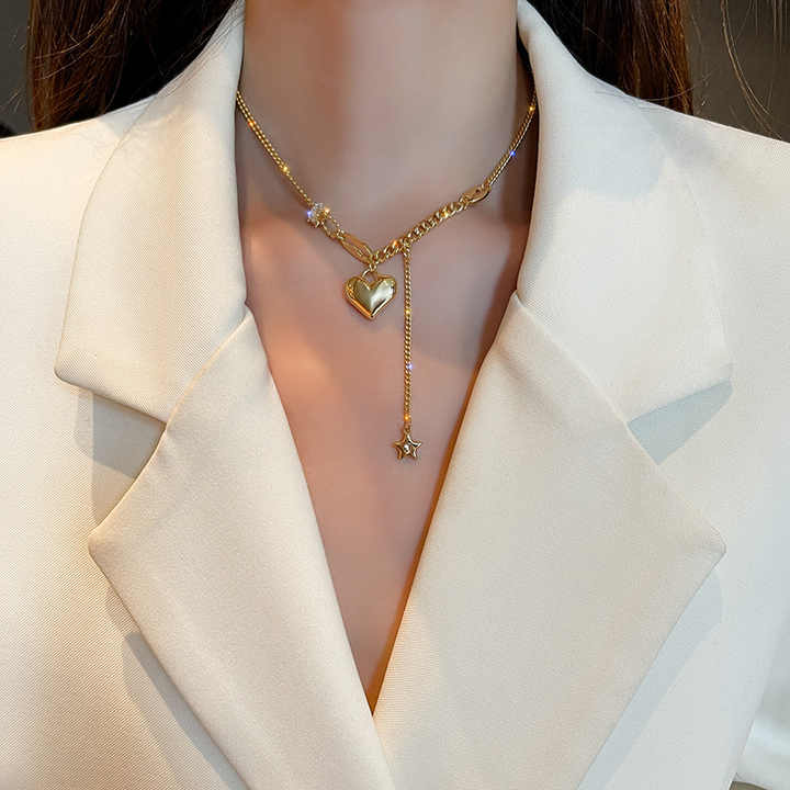 Gold Plated Stainless Steel Double Layer Lariat Necklace with Star, Heart & Symbol Charms – Minimalist Fashion Statement Jewelry