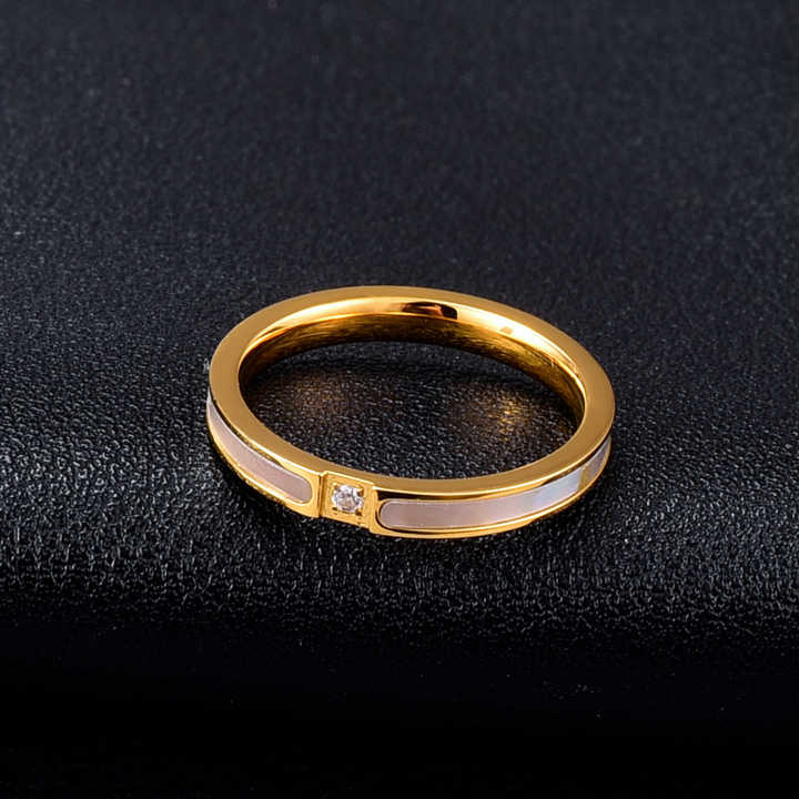 Stackable Ring with Mother of Pearl & CZ – 18K Gold Plated Stainless Steel, Elegant Dainty Band for Layering