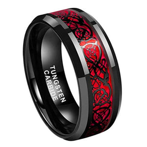 8mm Black Tungsten Carbide Wedding Band with Celtic Dragon Inlay – Red or Green Pattern – Unique Ring for Men, Comfort Fit