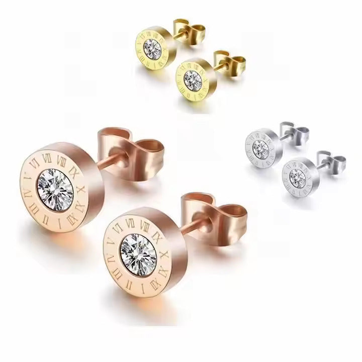 Roman Numeral Stud Earrings with CZ Center, Stainless Steel, Hypoallergenic, Gold, Silver & Rose Gold for Women & Men