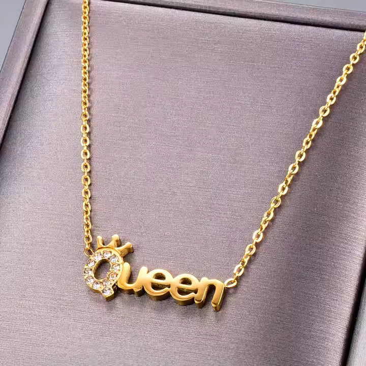 Queen Tiara Pendant Necklace, Gold Plated Stainless Steel, CZ Crystal Accents, Trendy Statement Jewelry Gift