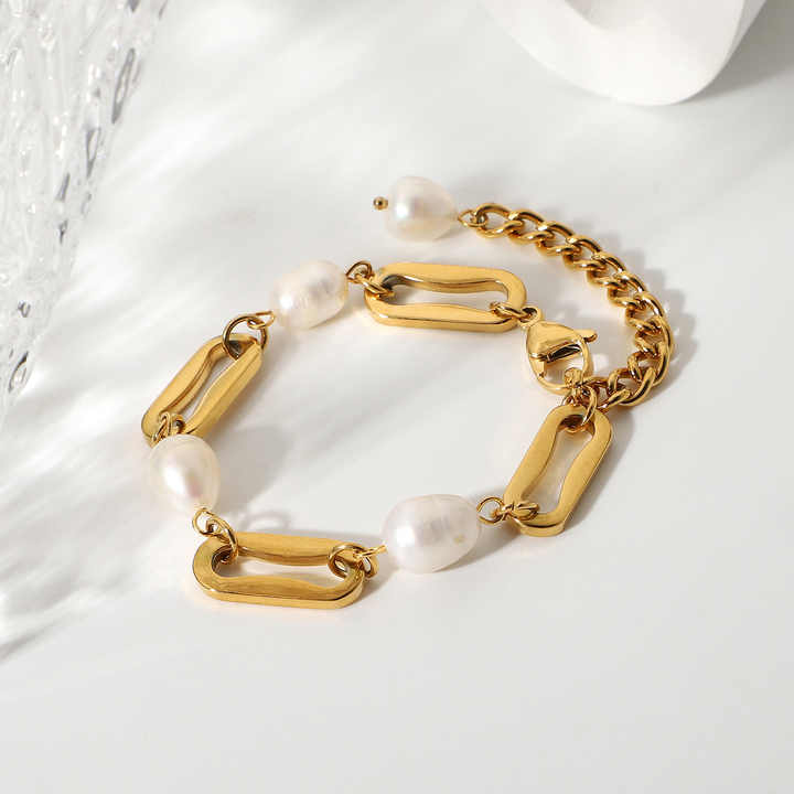 18K Gold Plated Stainless Steel Freshwater Pearl Bracelet – Chunky Gold Link Chain Minimalist Jewelry for Women