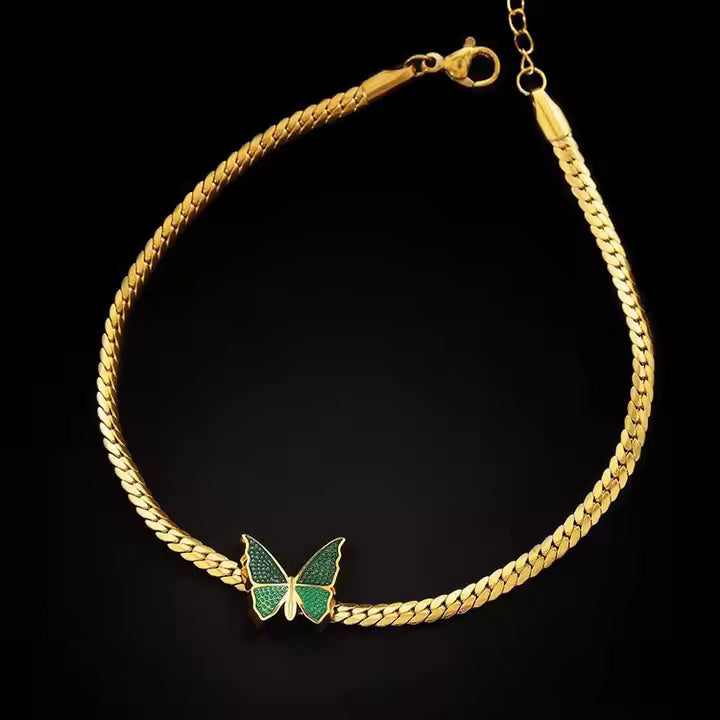 Gold Plated Stainless Steel Green Butterfly Anklet – Dainty Women’s Chain Ankle Bracelet for Summer & Beachwear