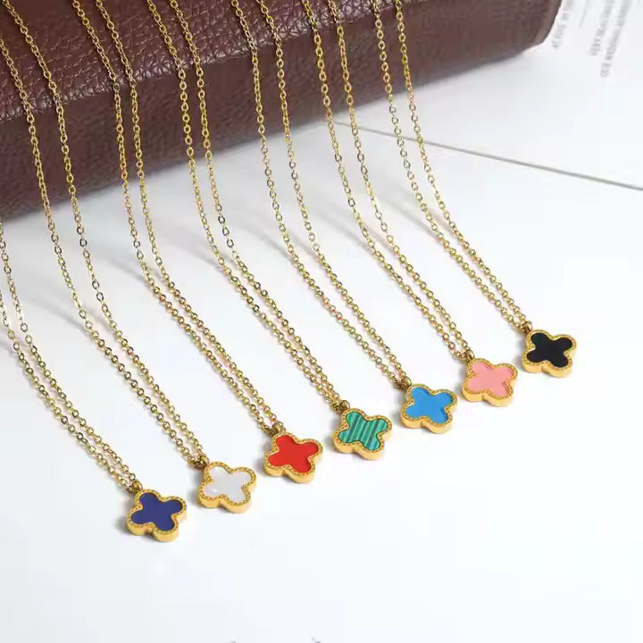 Gold Stainless Steel Clover Necklace – White, Pink & Black Crystal Charm – Dainty Pendant for Layered Looks