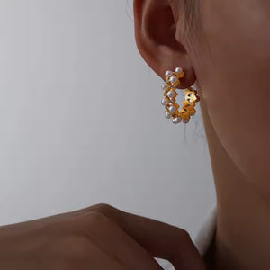 Gold Plated C-Shape Huggie Stud Earrings with Pearl & CZ, Double Line Stainless Steel Hoop Earrings for Women