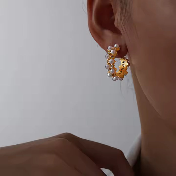 Gold Plated C-Shape Huggie Stud Earrings with Pearl & CZ, Double Line Stainless Steel Hoop Earrings for Women