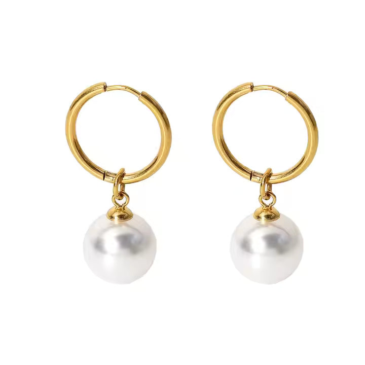 Gold Plated Stainless Steel Huggie Hoop Earrings with Drop Freshwater Pearl – Elegant Minimalist Dangle Style